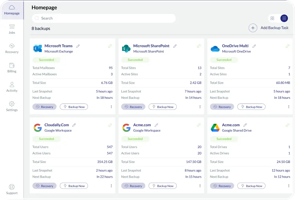 Protected users, latest backup time, and exceptions.